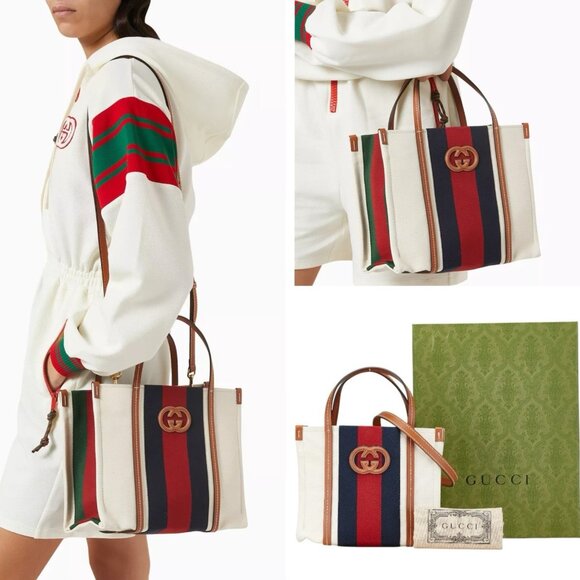 GUCCI GG Interlocking 2 Way Small Shoulder Tote Bag 727728 Canvas Beige/Blue/Red - Picture 1 of 9